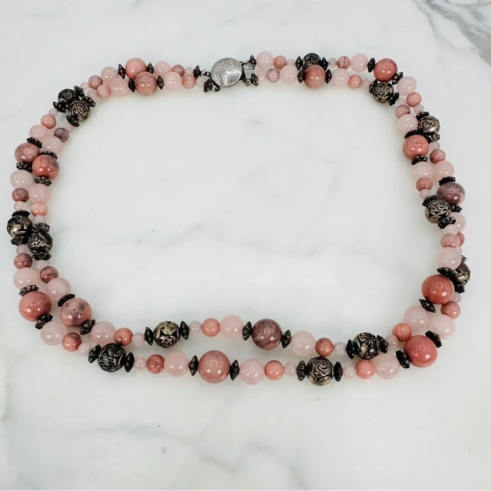 Pink Stone & Quartz Beaded Necklace Two Layer Silver-tone Bead Rose Spacers 18”